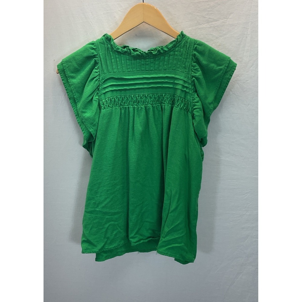 THML Green Ruffle Neck Flutter Sleeve Blouse Top Size M Romantic Spring Smocked